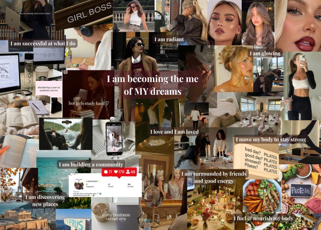 Lady Budapest 2026 vision board collage with affirmations, study, fashion, friends and travel moments